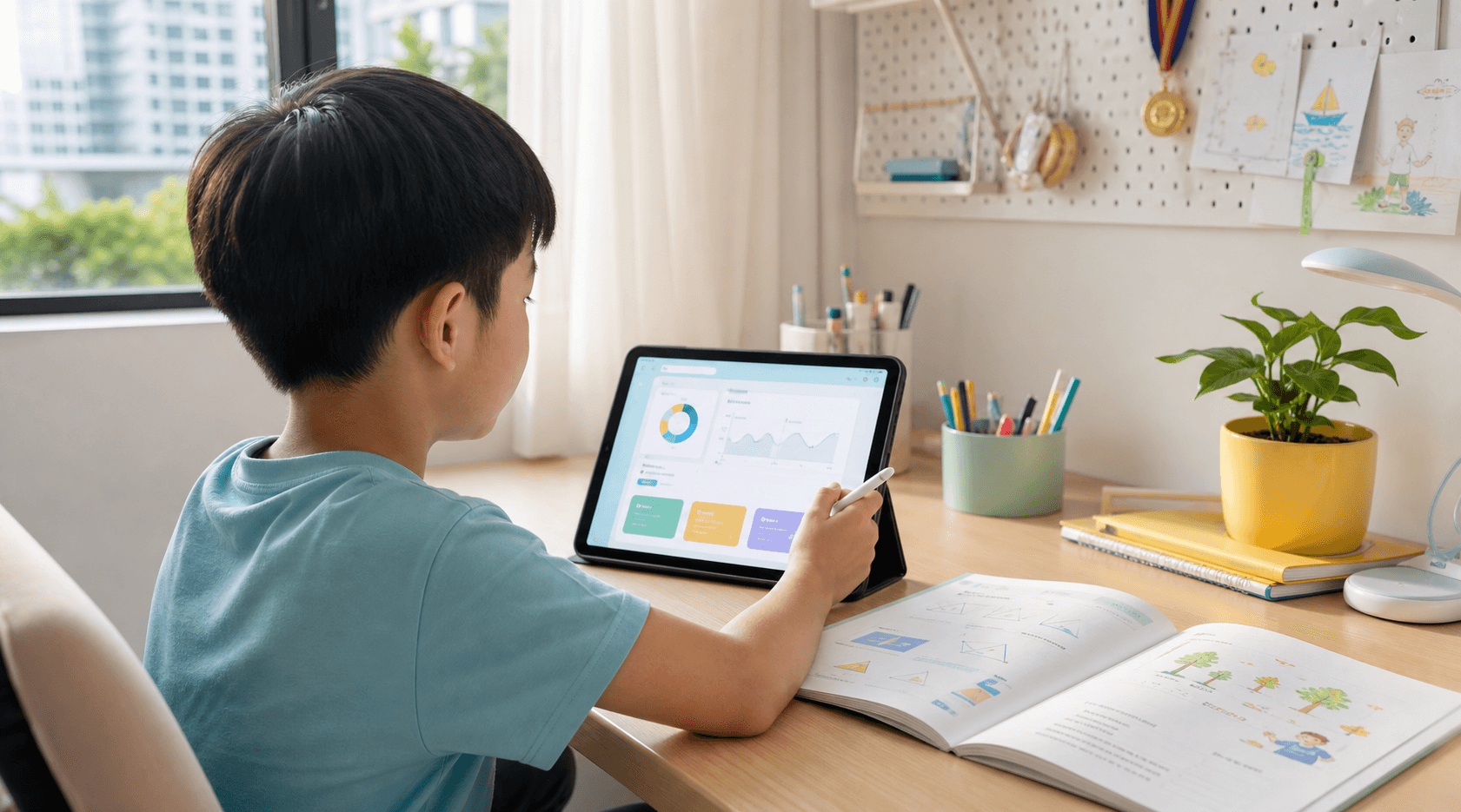 Student using an AI learning dashboard while preparing AEIS homework